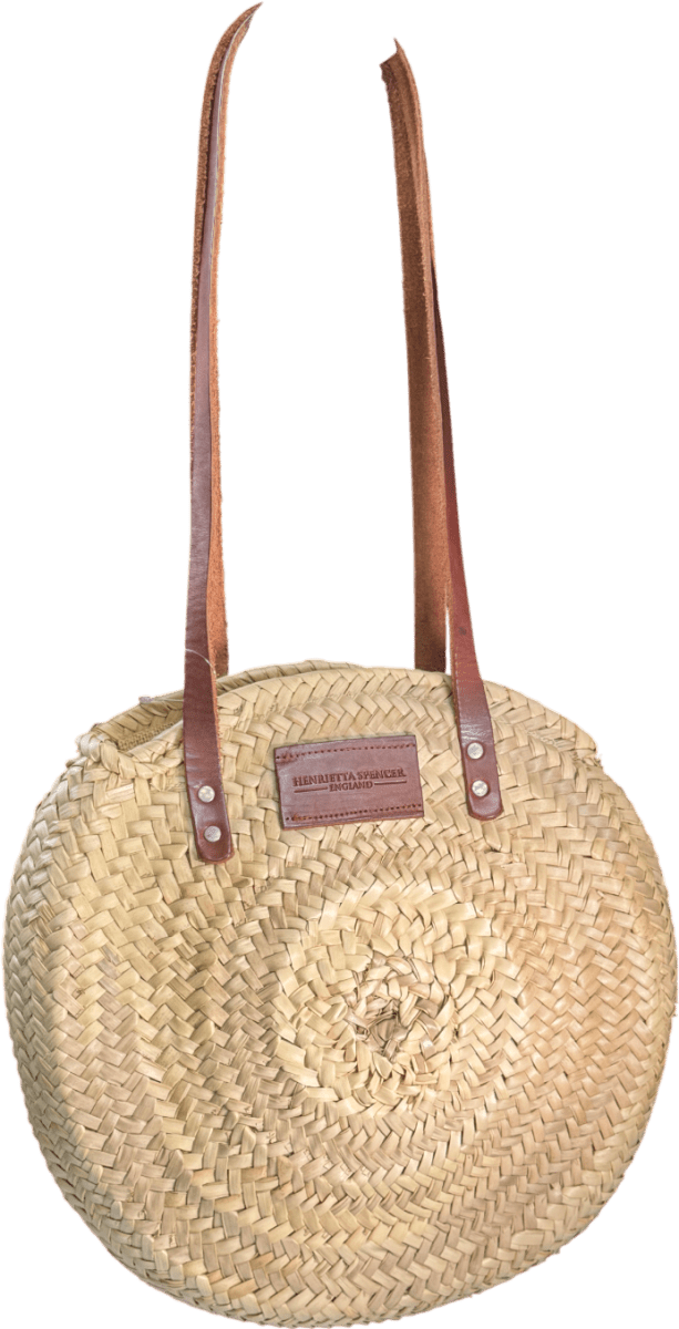 Henrietta Spencer Beige Round Straw Zipped Shoulder Bag With Tan Leather Handles - Reliked
