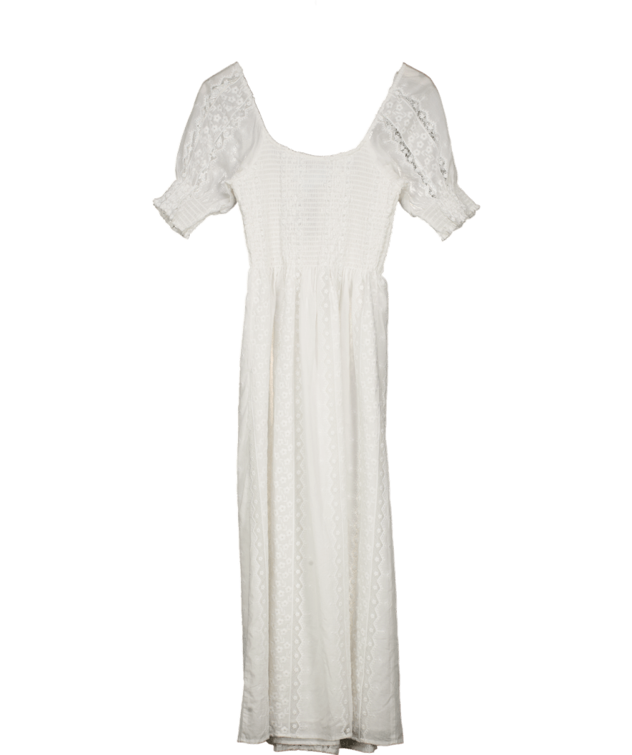 Hill House White Shirred Bodice Embroidered Lace Inset Midi Dress UK XS - Reliked