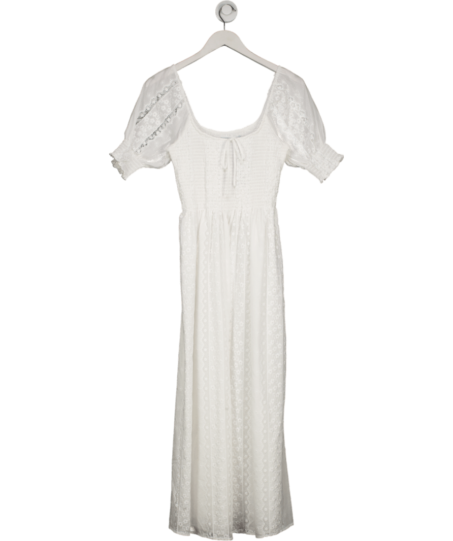 Hill House White Shirred Bodice Embroidered Lace Inset Midi Dress UK XS - Reliked