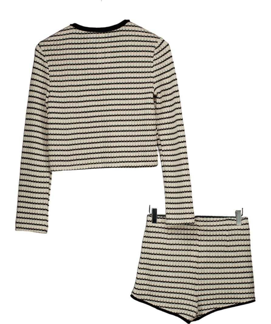 H&M 2 - piece Cream / Black Striped Cardigan And Shorts Set UK XS - Reliked