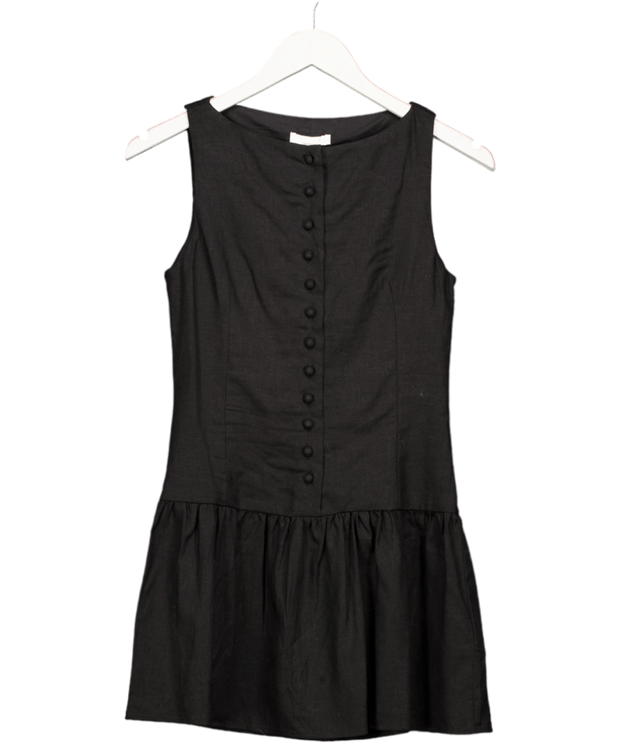 H&M Black Button Through Linen Blend Peplum Hem Mini Dress UK XXS - Reliked