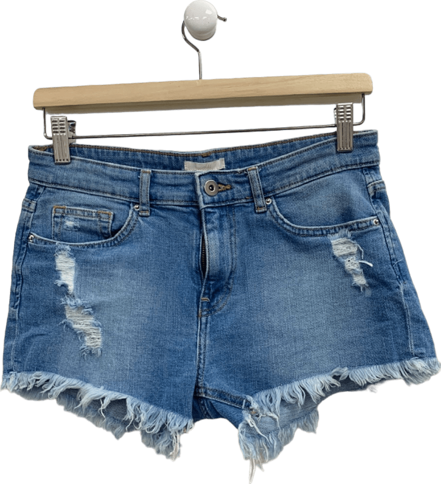 H&M Blue Denim Frayed Hem Shorts UK 8 - Reliked