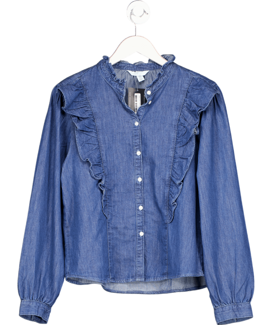 H&M Blue Frill - trimmed Denim Blouse UK S - Reliked