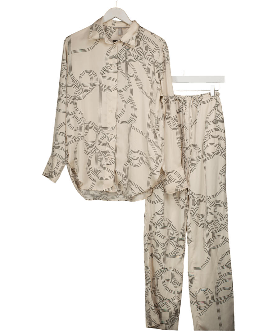 H&M Cream 2 - piece Satin Printed Oversize Shirt And Wide Leg Trouser Set UK XS/S - Reliked