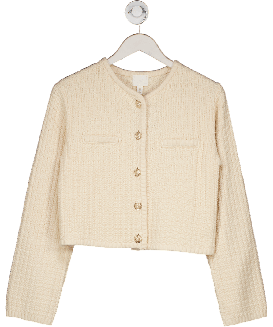 H&M Cream Short Textured - knit Cotton Blend Cardigan UK M - Reliked
