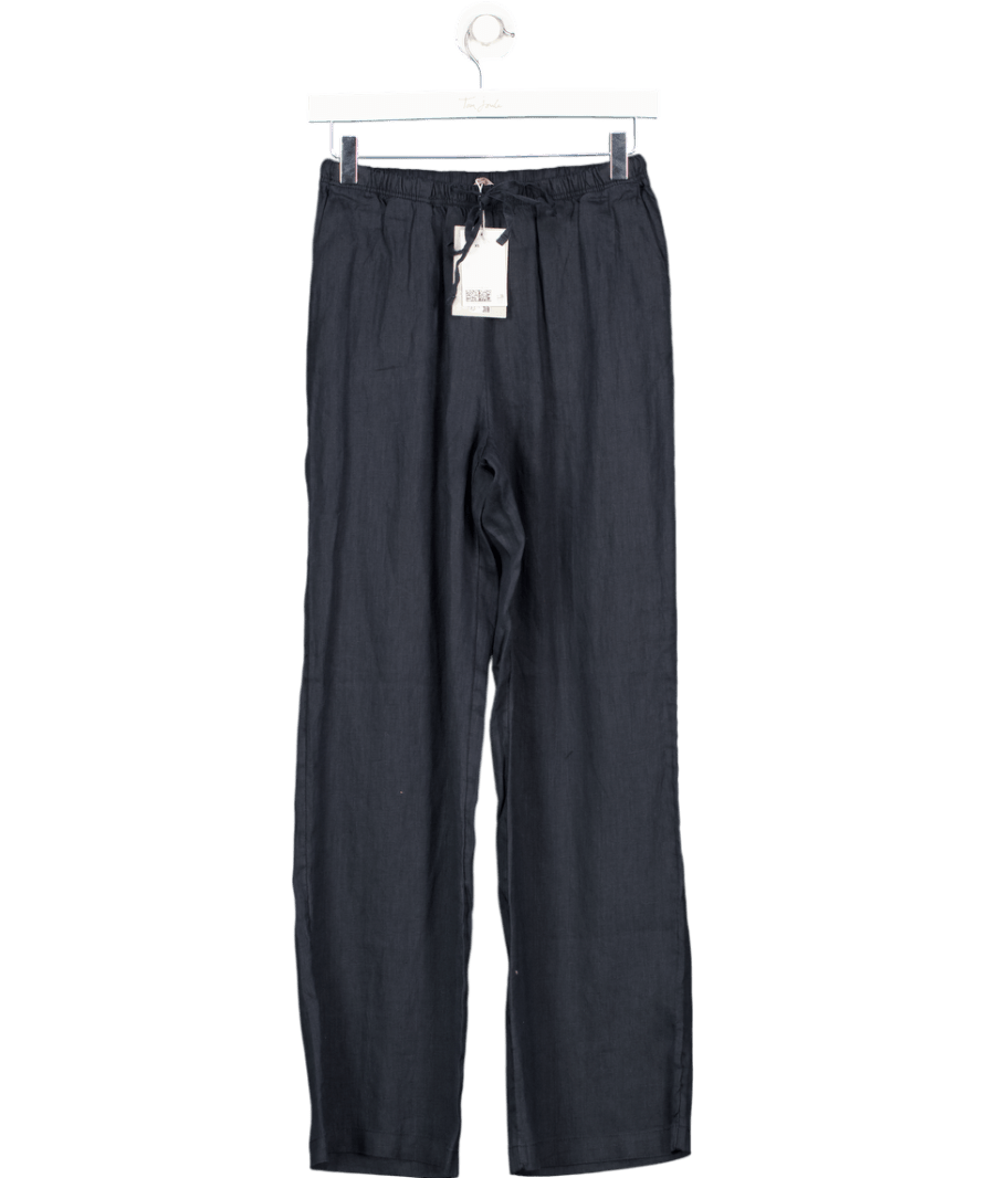 H&M Navy Blue Linen Straight Leg Trousers UK XS - Reliked