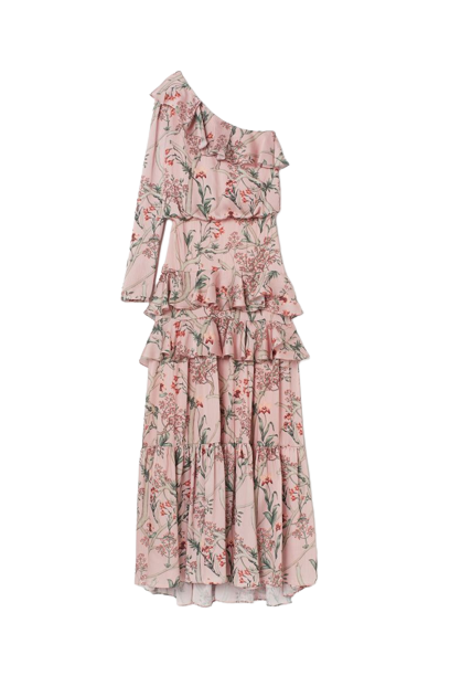 H&M x Johanna Ortiz Pink One Shoulder Floral Tiered Satin Maxi Dress UK 8