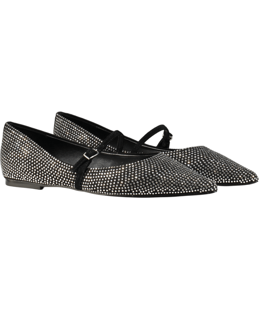 Hobbs Black Crystal Embellished Pointed Toe Mary Jane Flat Shoes UK 4 EU 37 👠 - Reliked
