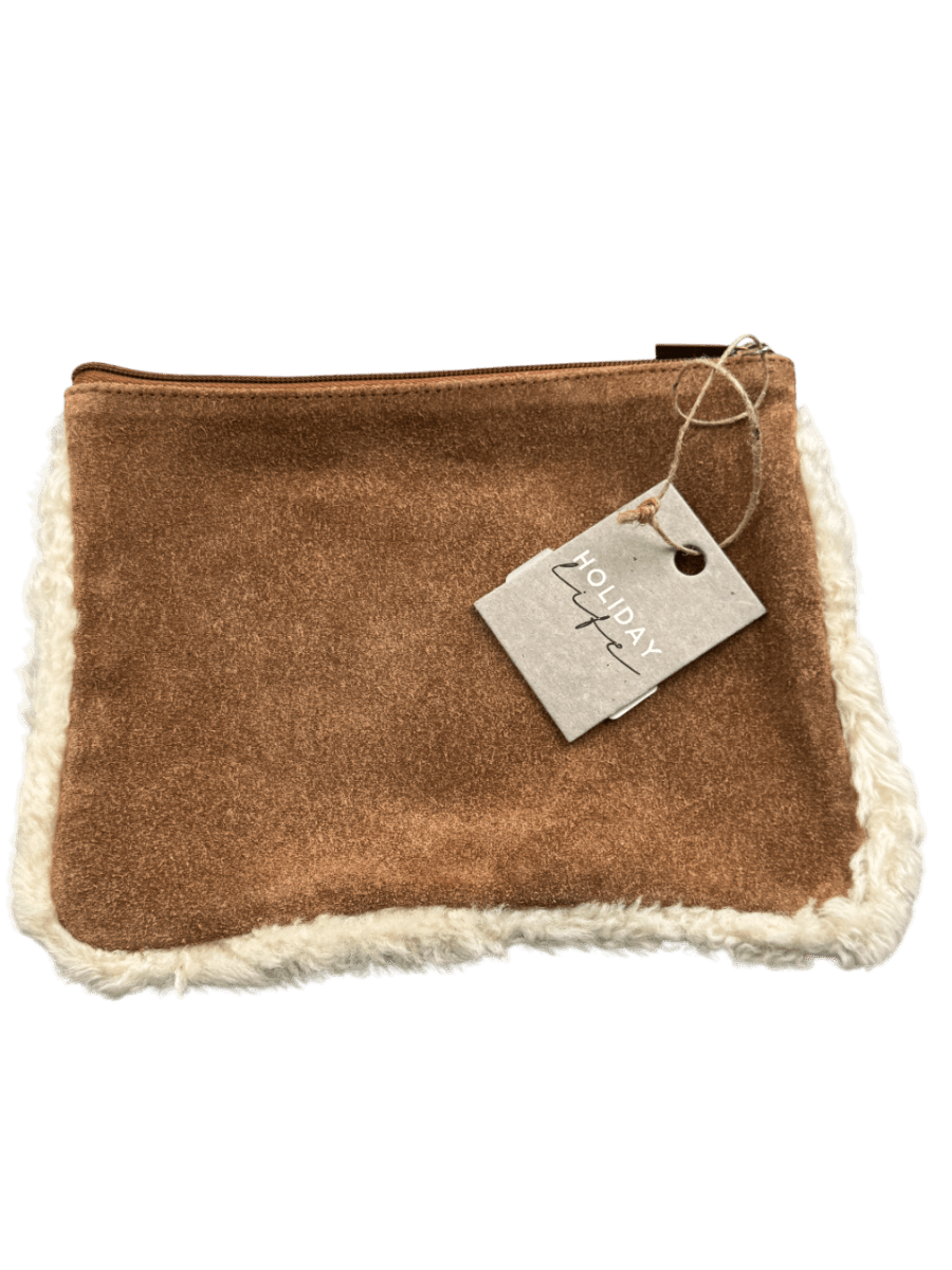 HOLIDAY LIFE Brown Tan Suede Shearling Trimmed Pouch - Reliked