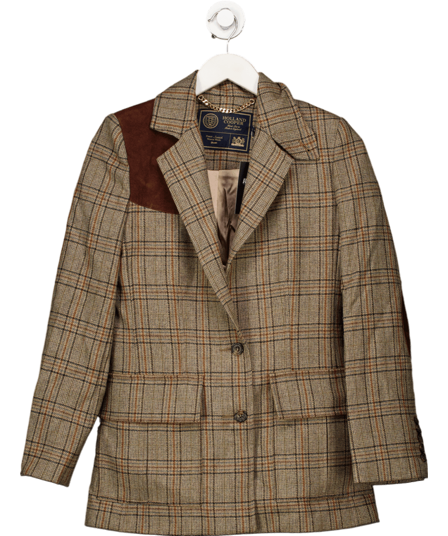 Holland Cooper Brown Wool. Check Field Blazer With Suede Trim UK 8 - Reliked