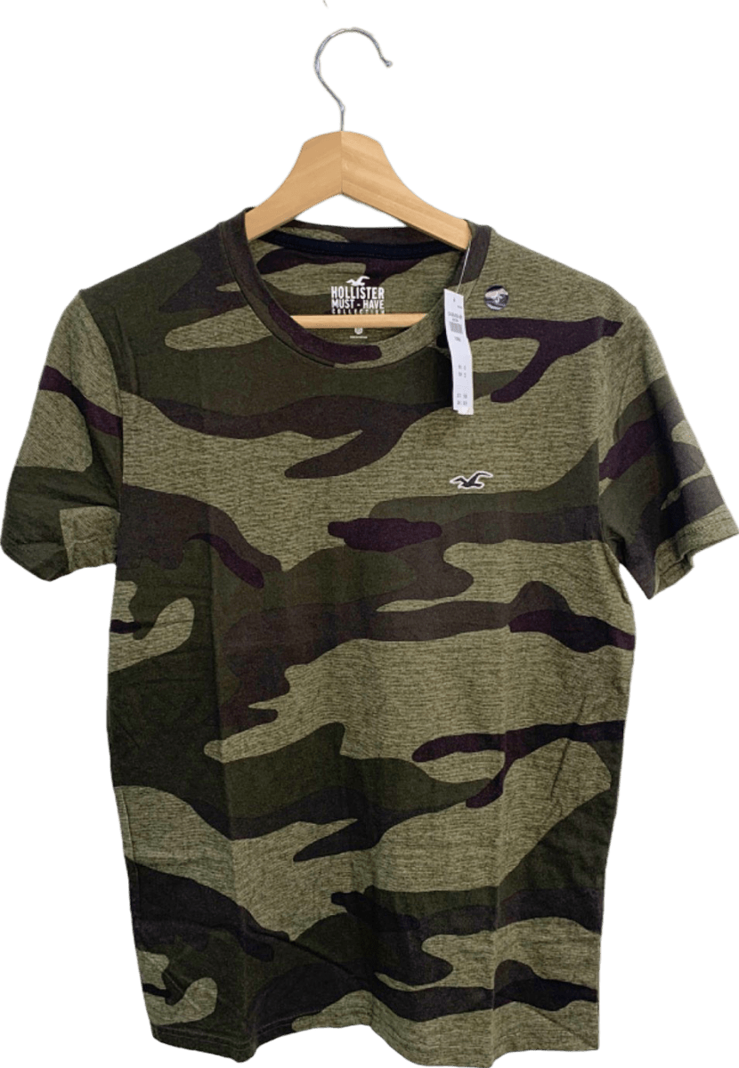 Hollister Green Camouflage Print T-Shirt UK XS - Reliked
