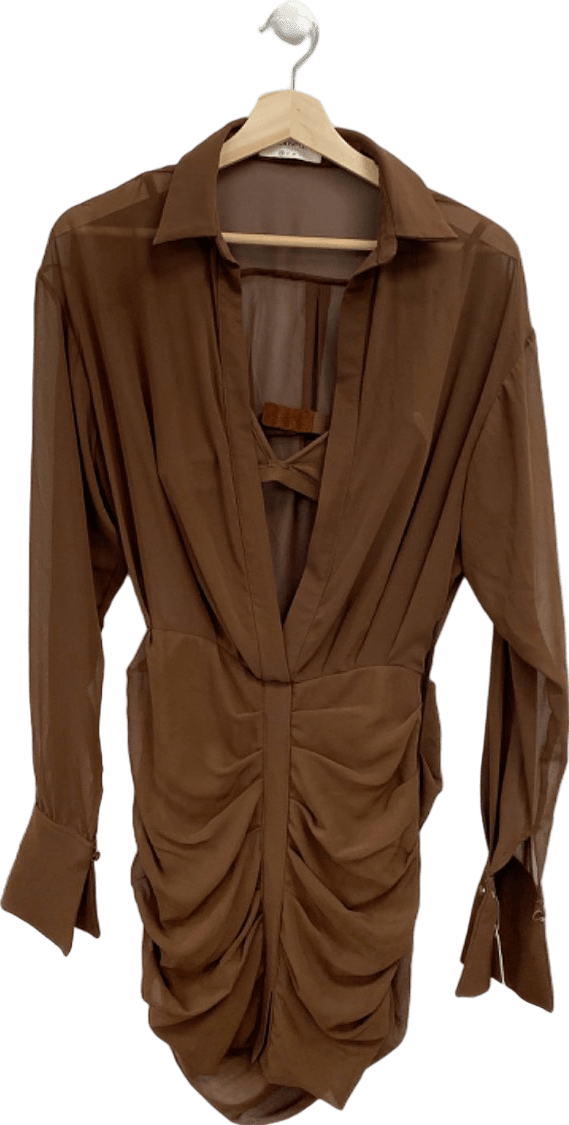 House of CB Brown Sheer Ruched Shirt Dress with Matching Bra XS - Reliked