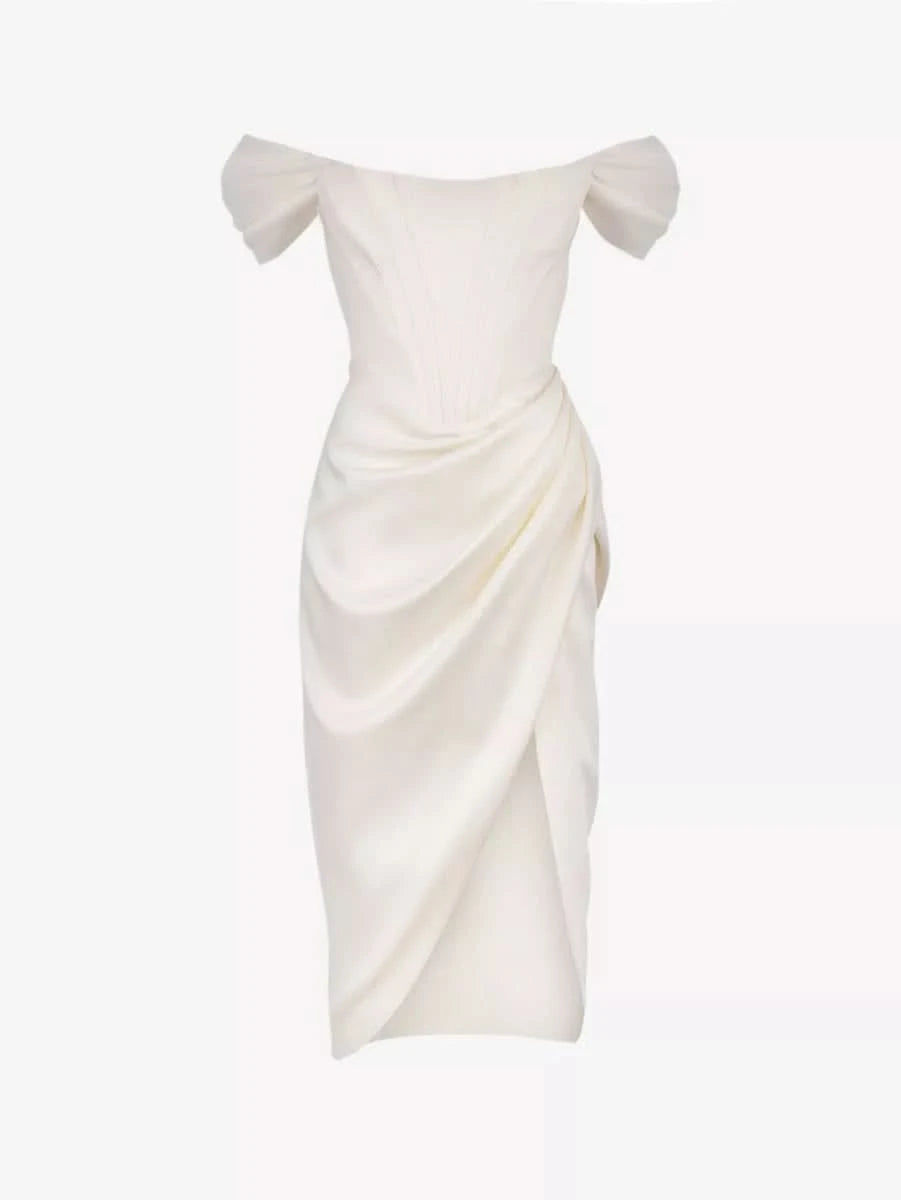 House of CB Ivory Loretta off - shoulder satin corset bodice midi dress UK XS - Reliked