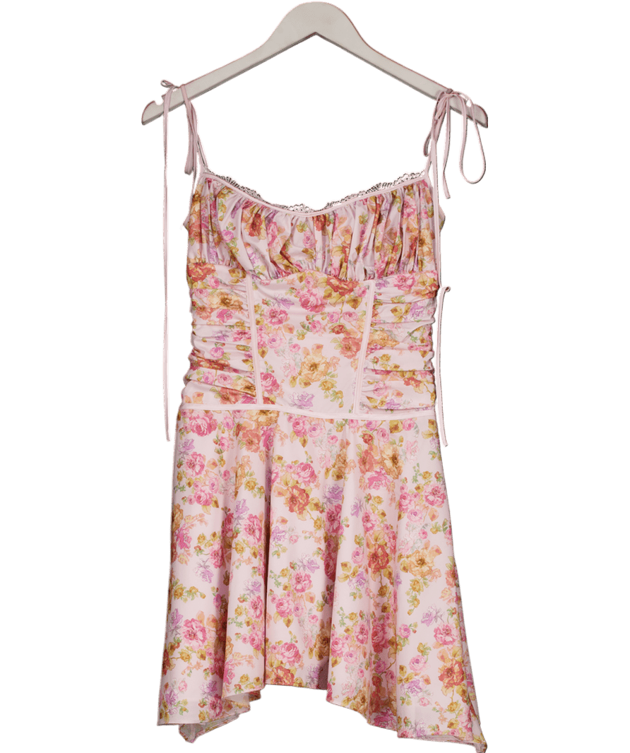 House of CB Pink Alejandra Floral - print Lace - trim Woven Mini Dress UK S - Reliked