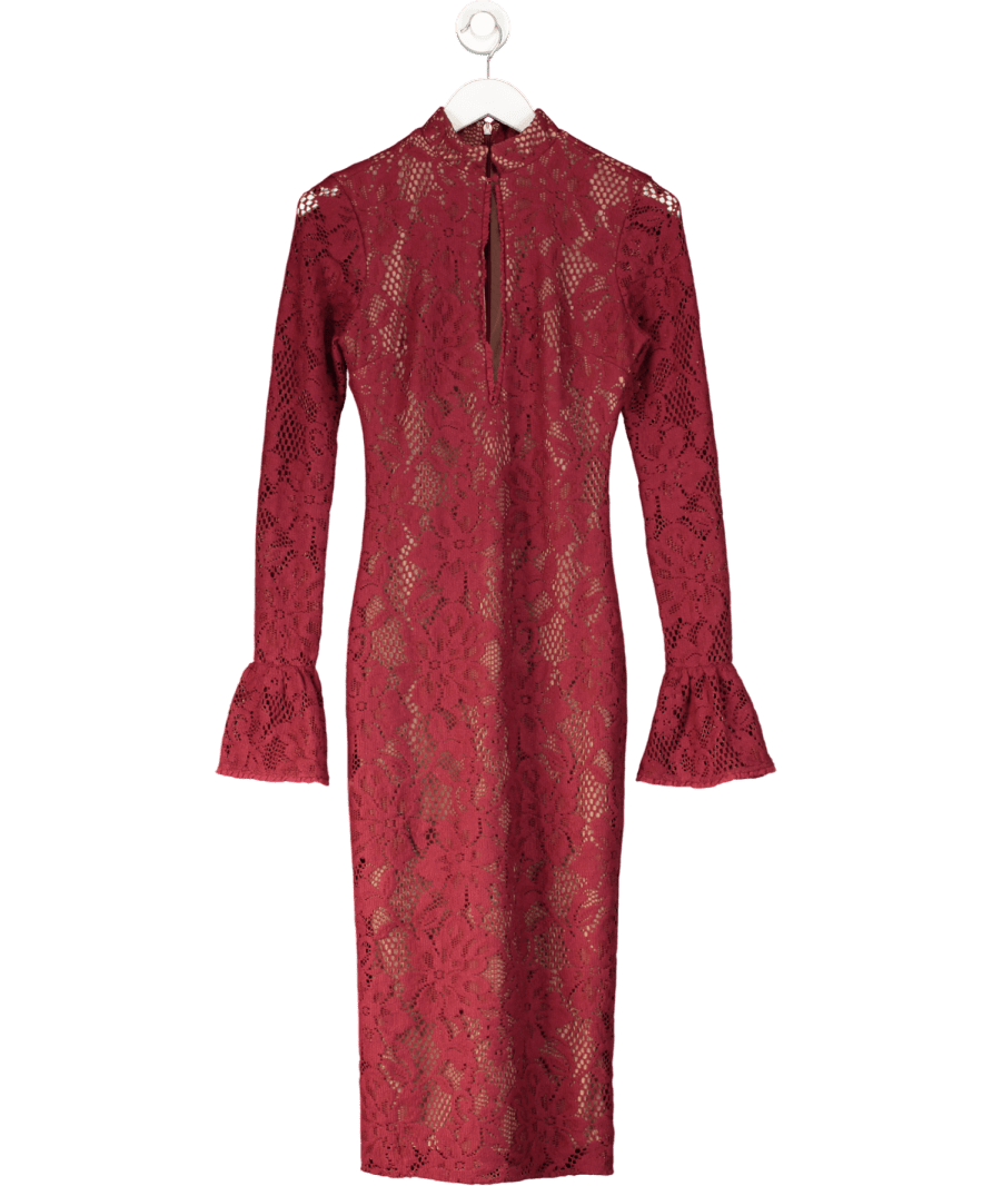 House of CB Red Pierette Keyhole Neck Stretch Lace Midi Dress UK S - Reliked