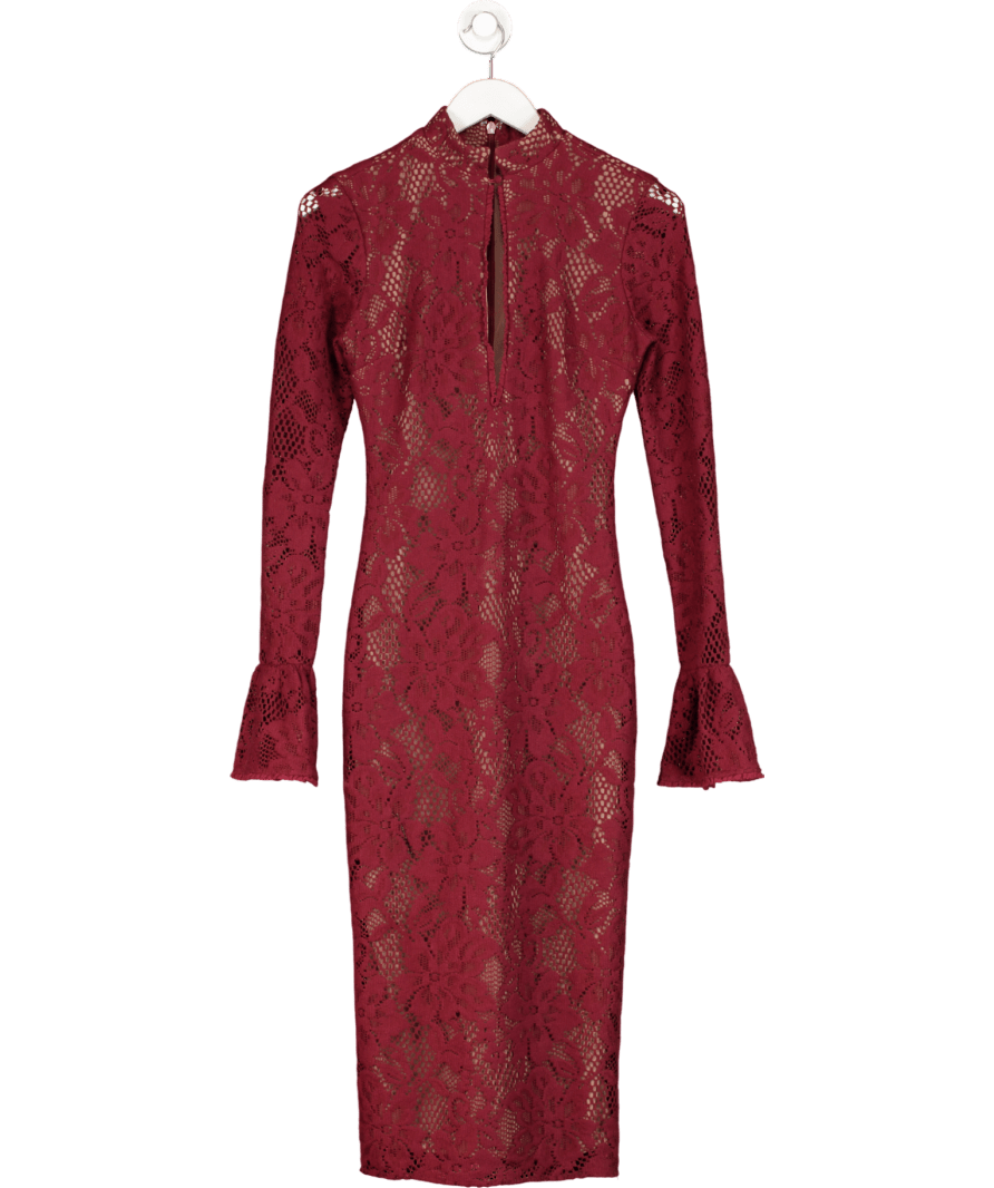 House of CB Red Pierette Keyhole Neck Stretch Lace Midi Dress UK S - Reliked