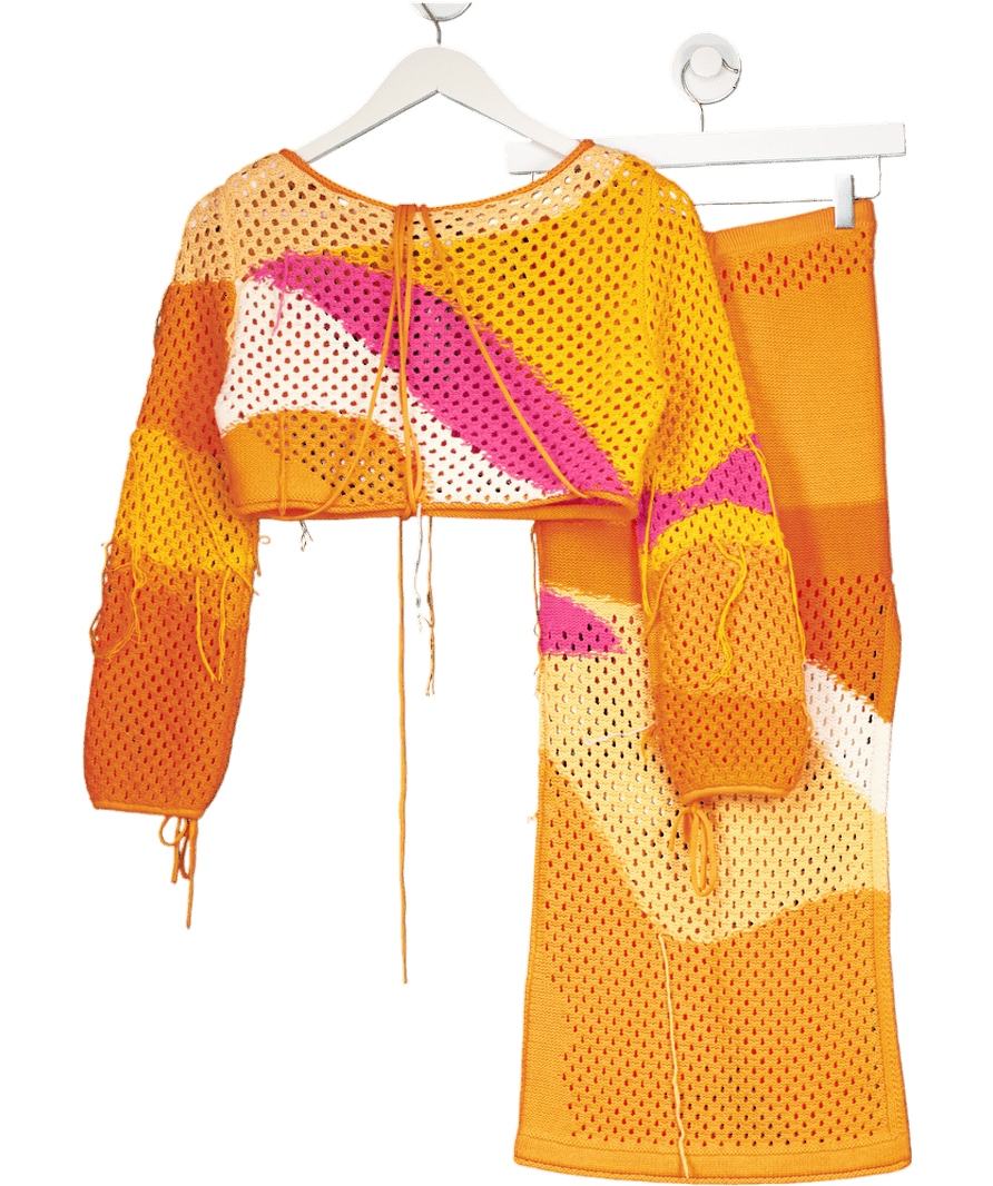 HOUSE OF SUNNY Orange 2 - piece Sunset Crochet - knit Sweater & Skirt Set UK 6 - Reliked