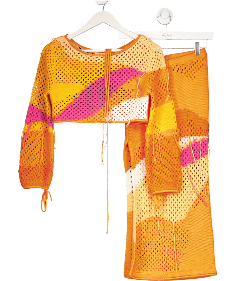 HOUSE OF SUNNY Orange 2 - piece Sunset Crochet - knit Sweater & Skirt Set UK 6 - Reliked