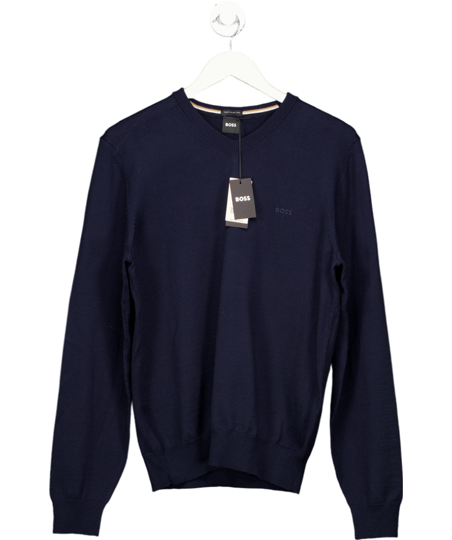 hugo boss Navy Blue Embroidered Logo 100% Virgin Wool V - neck Jumper UK S - Reliked
