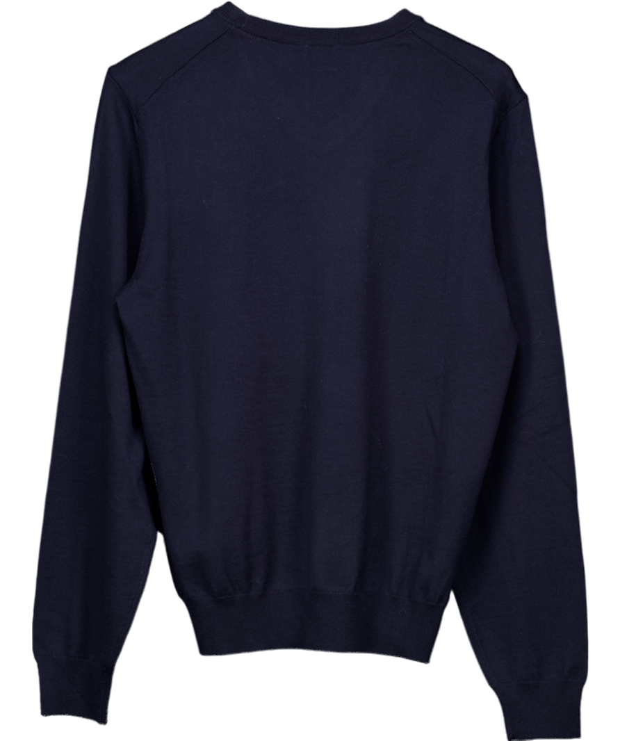 hugo boss Navy Blue Embroidered Logo 100% Virgin Wool V - neck Jumper UK S - Reliked