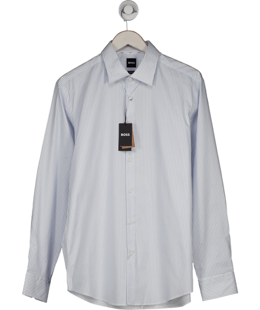 hugo boss White / Blue Striped Stretch Cotton Easyiron Shirt Neck 16.5" UK L - Reliked