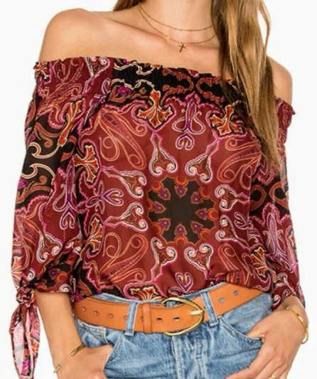 Rachel Zoe Red Deanna Burgundy Paisley Silk Off-shoulder Sheer Blouse UK 4