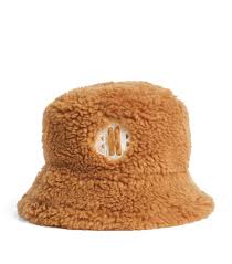 Maje Beige Fur Clover Embroidered Logo Bucket Hat One Size