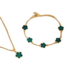 Emerald Green Clover Design Set, Bracelet With Matching Necklace