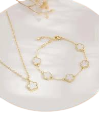 Cream Pearl Clover Sets, Bracelet With Matching Necklace