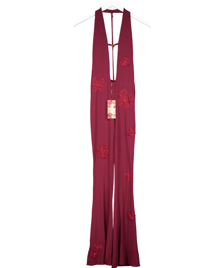 Into gaia Red Eternal Bloom Embroidered Floral Jumpsuit UK XS - Reliked
