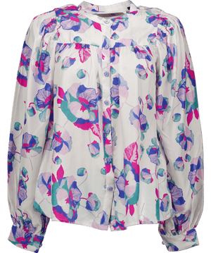 Isabel Marant White Ritonea Pintucked Floral-print 100% Silk Blouse In Blue UK 6