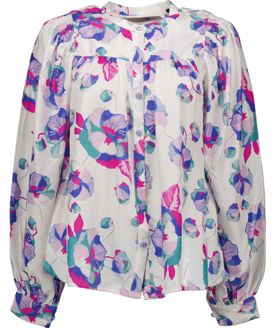 Isabel Marant White Ritonea Pintucked Floral - print 100% Silk Blouse In Blue UK 6 - Reliked