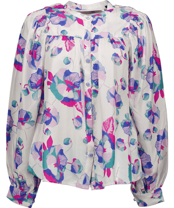 Isabel Marant White Ritonea Pintucked Floral-print 100% Silk Blouse In Blue UK 6