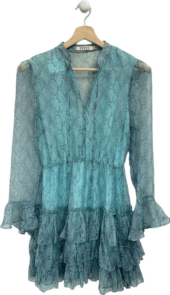 Ivivi Blue Snake Print Ruffle Dress UK L - Reliked