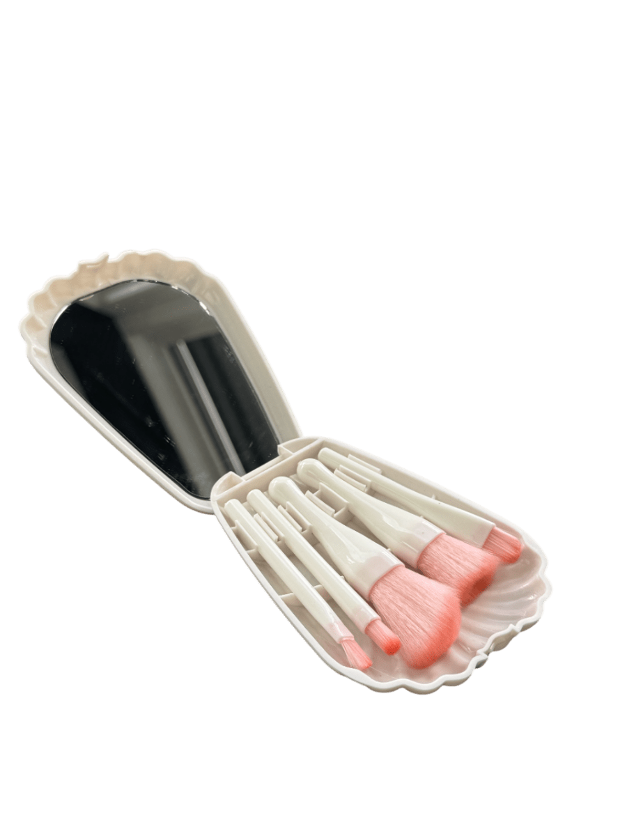 Ivory White 5 - piece Clam Shell Travel Make - up Brush Set With Mirror 1 - Reliked