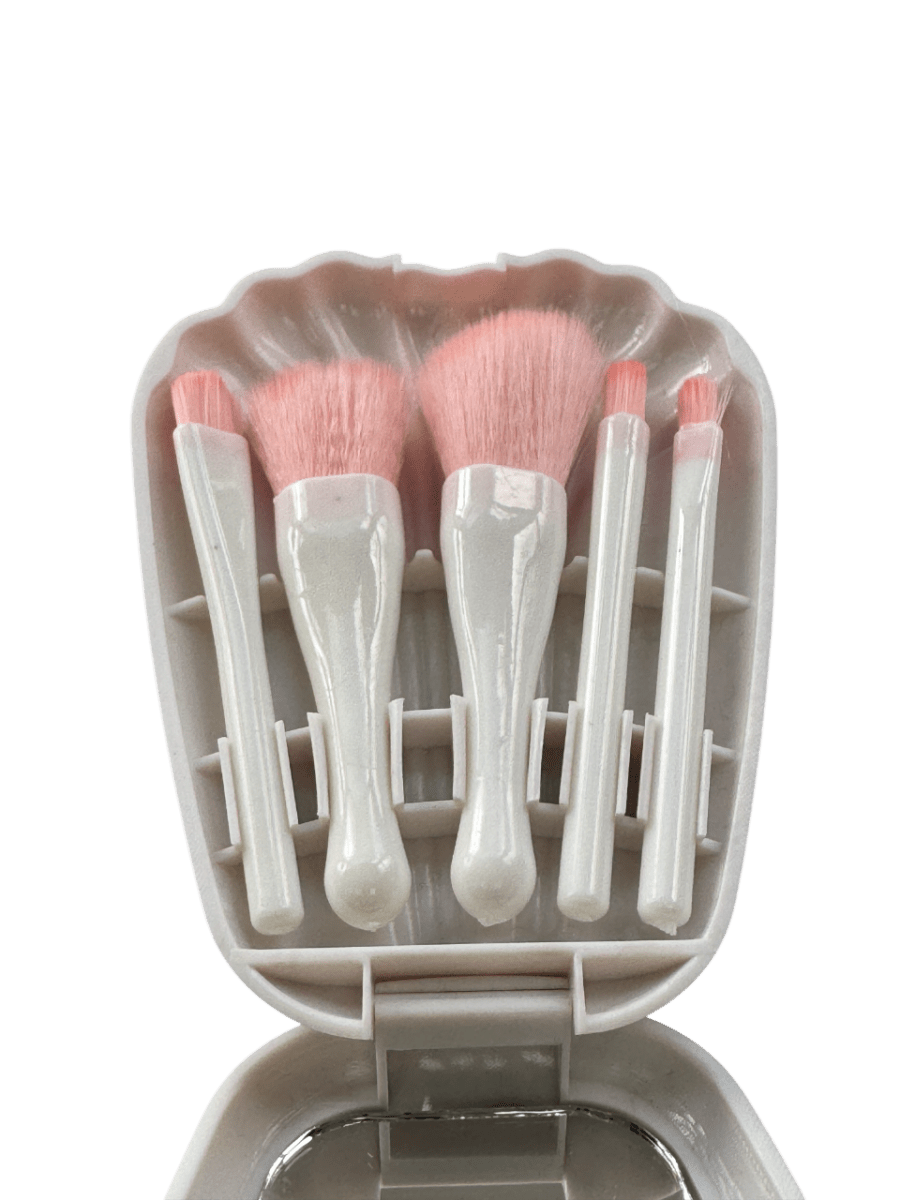 Ivory White 5 - piece Clam Shell Travel Make - up Brush Set With Mirror 1 - Reliked