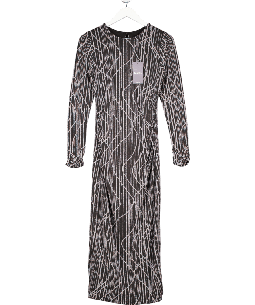 Izabel London Black Abstract Print Long Sleeve Ruched Midi Dress In Silver UK 10 - Reliked