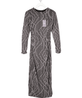 Izabel London Black Abstract Print Long Sleeve Ruched Midi Dress In Silver UK 10 - Reliked
