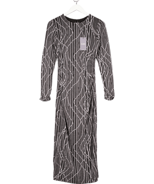 Izabel London Black Abstract Print Long Sleeve Ruched Midi Dress In Silver UK 10