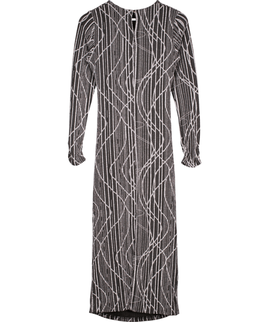 Izabel London Black Abstract Print Long Sleeve Ruched Midi Dress In Silver UK 10 - Reliked
