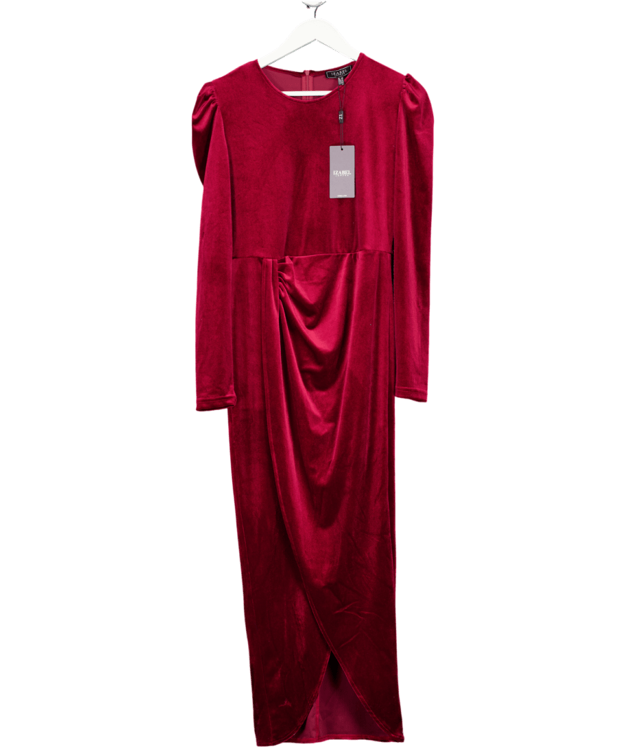 Izabel London Velvet Long Puff Sleeve Split Hem Midi Dress In Red UK 10 - Reliked