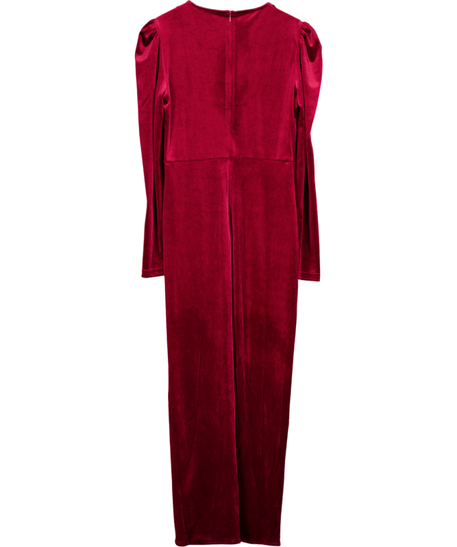 Izabel London Velvet Long Puff Sleeve Split Hem Midi Dress In Red UK 10 - Reliked