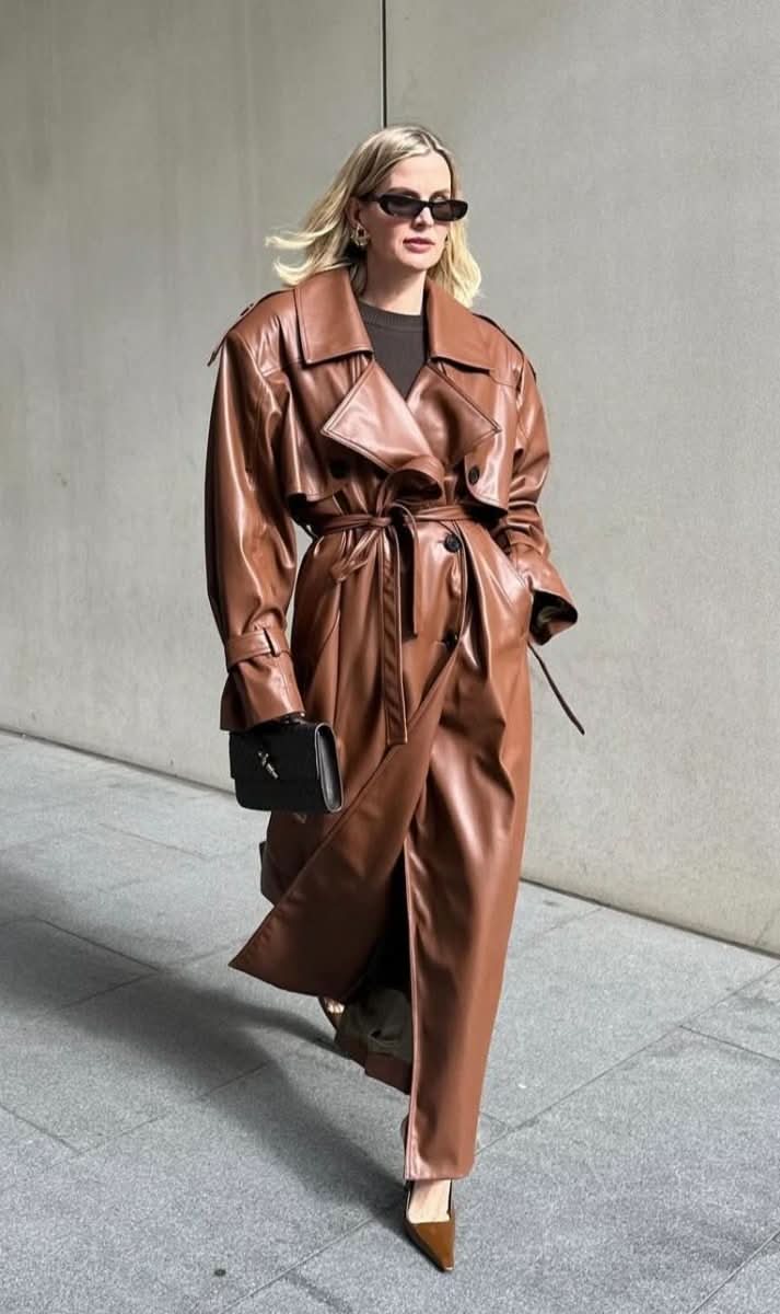 IZAKOVA Brown Premium Vegan Leather Trench Coat UK M/L - Reliked