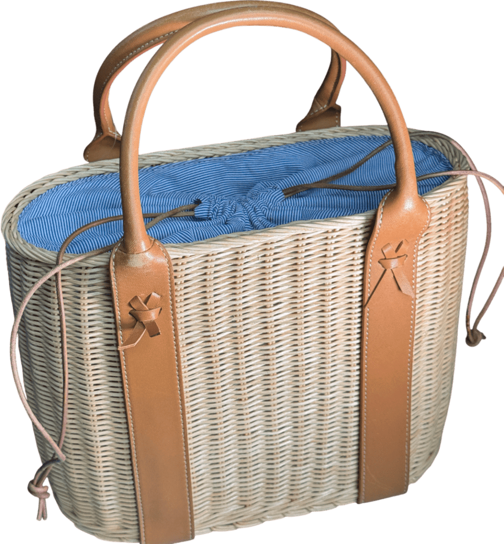 J. McLaughlin Natural / Blue Solid Daniela Wicker And Leather Tote Bag - Reliked