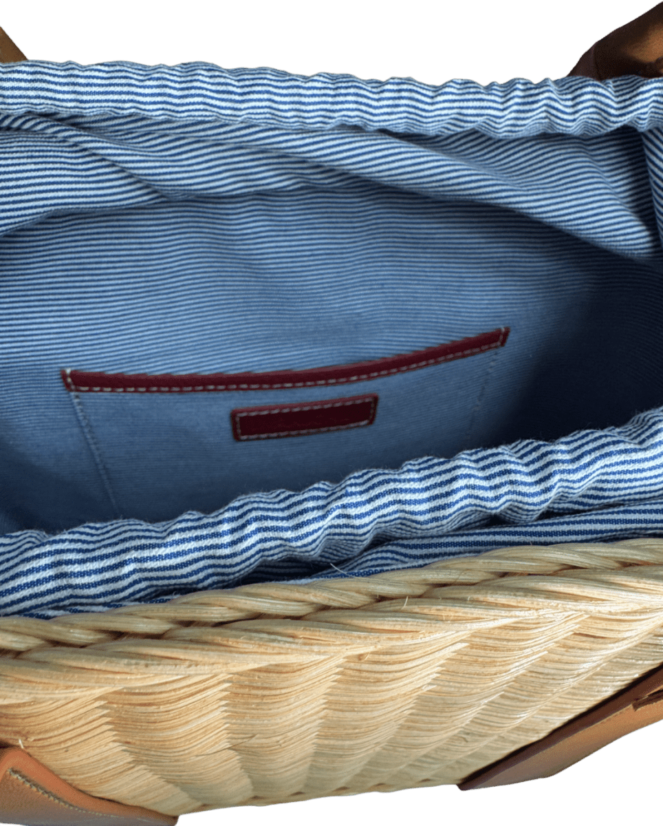 J. McLaughlin Natural / Blue Solid Daniela Wicker And Leather Tote Bag - Reliked