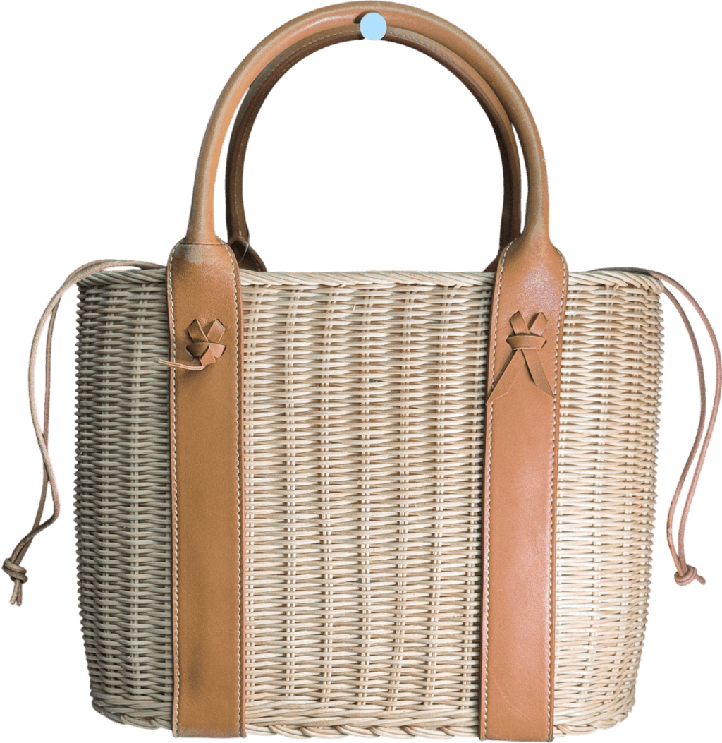 J. McLaughlin Natural / Blue Solid Daniela Wicker And Leather Tote Bag - Reliked