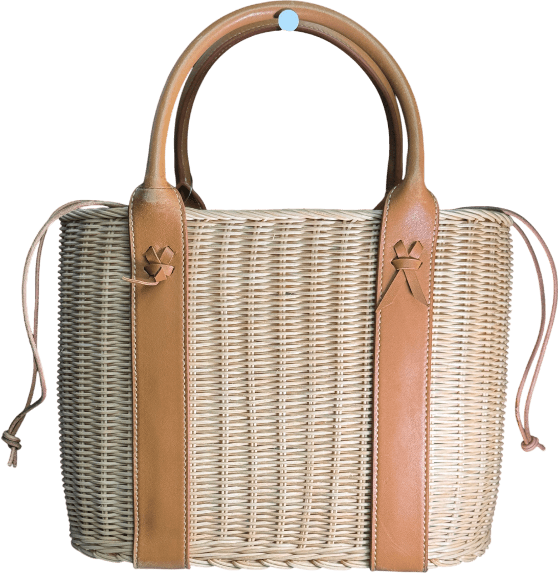 J. McLaughlin Natural / Blue Solid Daniela Wicker And Leather Tote Bag - Reliked