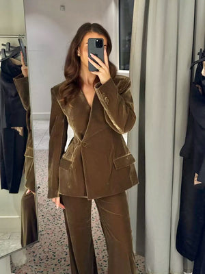 H&M EDITION 2-piece Olive Green Velvet Blazer (uk 8) & Wide Leg Trouser Set UK 6