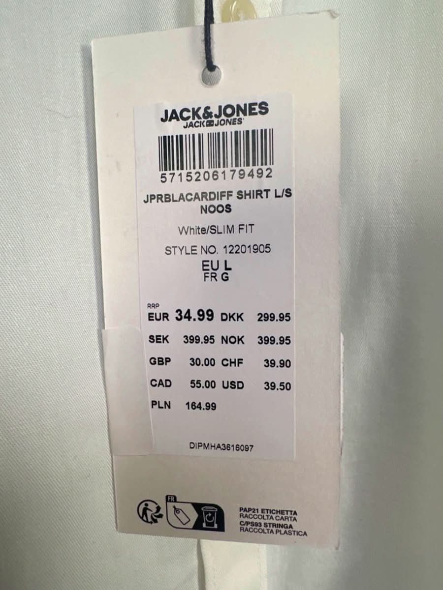 Jack & Jones White Slim Fit Cardiff Shirt L/S UK L - Reliked