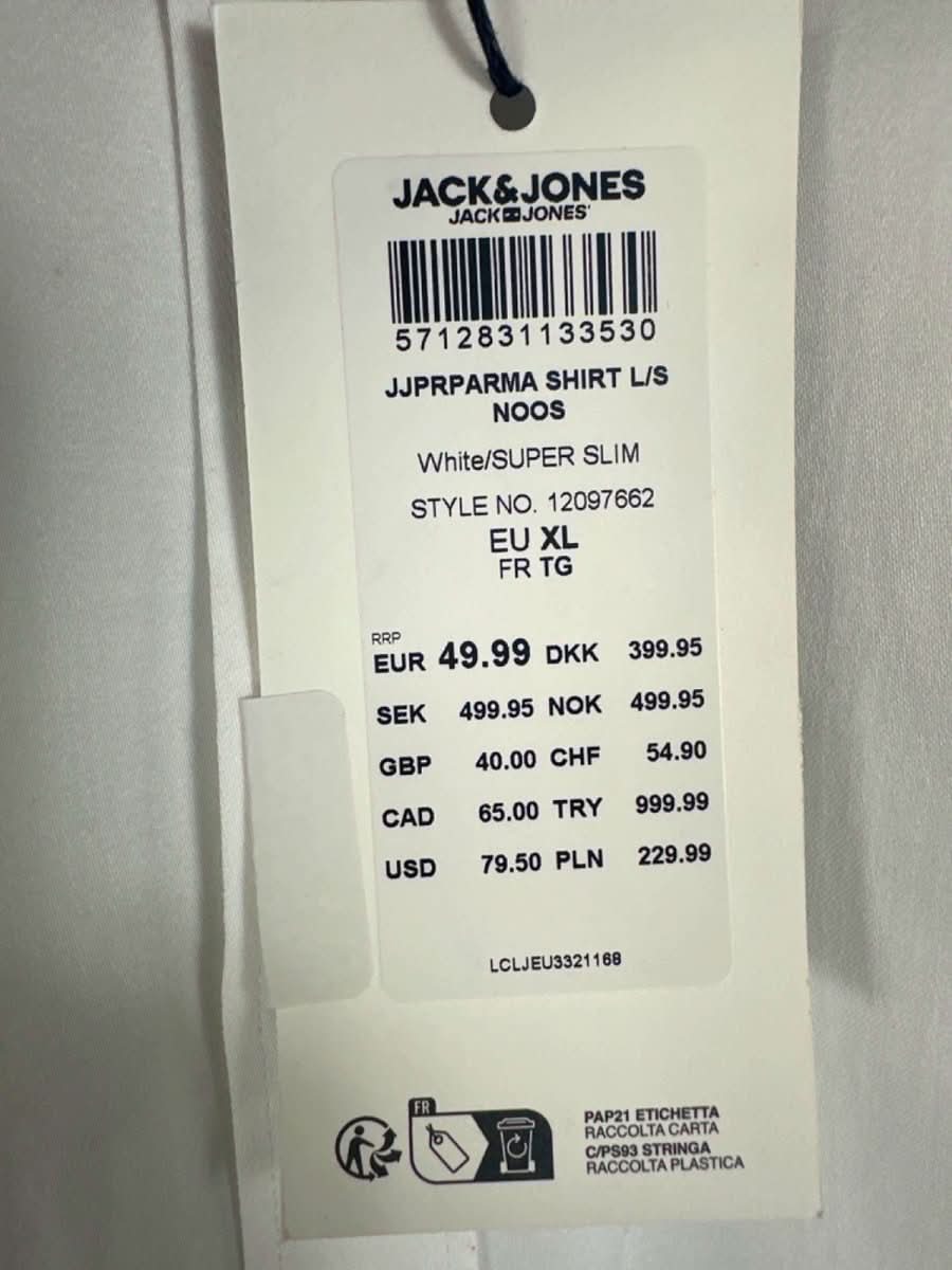 Jack & Jones White Stretch Super Slim Shirt UK XL - Reliked